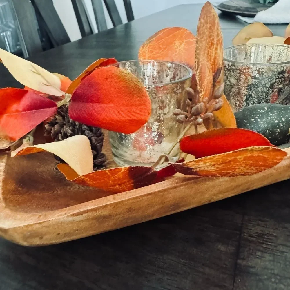 Acacia Wood Fall Autumn Tray Floral Candle Holder Centerpiece Decor
